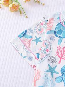 2 件套女士加大码睡衣套装，海洋世界印花白色背景短袖翻领纽扣柔软上衣和松紧腰宽松短裤，时尚日常/睡衣/派对装，休闲/居家/户外舒适 - 藍白色 - 查看 4