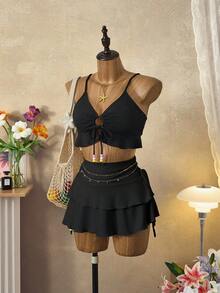 Bellisia Conjunto de biquíni de verão com babados e cordão na bainha