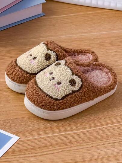 毛绒衬里拖鞋，适合男孩和女孩，温暖舒适，刺绣包头拖鞋，鞋底柔软，适合居家和户外穿着，可爱熊动物装饰卧室鞋，适合秋冬季儿童幼儿
