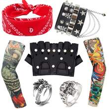 9Pcs Heavy Metal Rockstar Costume Set, Punk Gothic Rock Star Accessories With Fake Tattoo Sleeves Covers Bandana Black PU Gloves Bracelet Rings Fancy Dress For Women Men Adult Rock And Roll Costume 80s 90s Disco Carnival Halloween Cosplay Dress Up Party Supplies