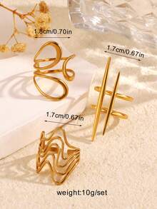 3pcs Stainless Steel 18K Gold Plated Summer Minimalist Geometric Line Adjustable Ring Set Suitable For Women's Daily Wear - Multicolor - View 2
