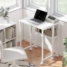 HOMCOM Folding Desk With Storage Shelf And Bag, 63 Cm Foldable Computer Desk For Small Spaces, Space Saving Writing Table On Wheels For Home Office, Bedroom, Easy Assembly, White - White - View 2