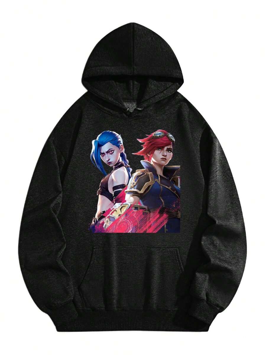 Unisex Cozy Black Hoodie - Arcane Jinx & Vi Side-By-Side Duel Stance Graphic - màu đen - Xem 1