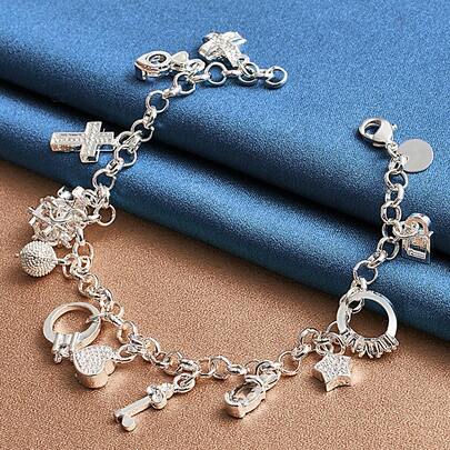 925 Sterling Silver Plated Moon Heart Lock Cross Bracelet For Men Woman Charm Wedding Party Fashion Jewelry