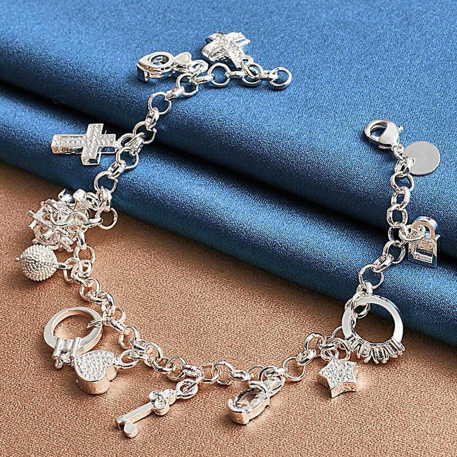 925纯银月亮心形锁手链男女款串饰婚礼派对时尚首饰 - 銀色 - 查看 1