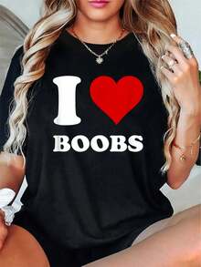 Camiseta unisex de algodón 100% con corazón rojo y texto "I Love Boobs", camiseta de manga corta estampada para otoño e invierno - Negro - Ver 1