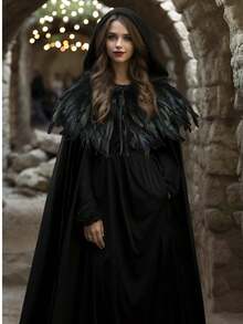 男女通用纯色天鹅绒成人全长连帽长袍斗篷搭配经典哥特式羽毛斗篷套装万圣节服装 - 彩色 - 查看 6
