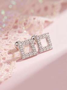 Artepollo 1 pieza Pendientes de botón cuadrados de plata de ley 925 con circonita, elegantes y sofisticados, diseño de cierre de rosca, caja de regalo, adecuados para uso diario o días festivos, regalo para niñas, amigas