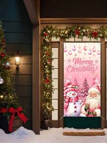 78*156cm 2D Pink Christmas Tree, Star, Snowman Decoration Christmas Polyester Door Flag Banner, Christmas Doorway Decor Fabric, Christmas Celebration, No Electricity Needed, Winter Decoration Fabric - Multicolor - View 5