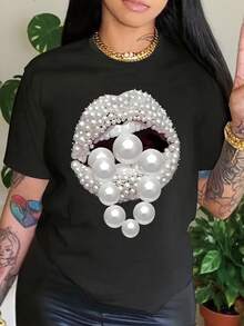 Women's Pearl Embellished 2D Printed Casual T-Shirt - Suitable For Casual Wear And Holiday Gifts, Breathable Fabric, Soft And Comfortable, Machine Washable, Versatile Women's T-Shirt For All Seasons, Pearl Embellished Design, Daily Casual And Versatile, Showing Natural And Elegant Temperament. - 黑色 - 查看 1