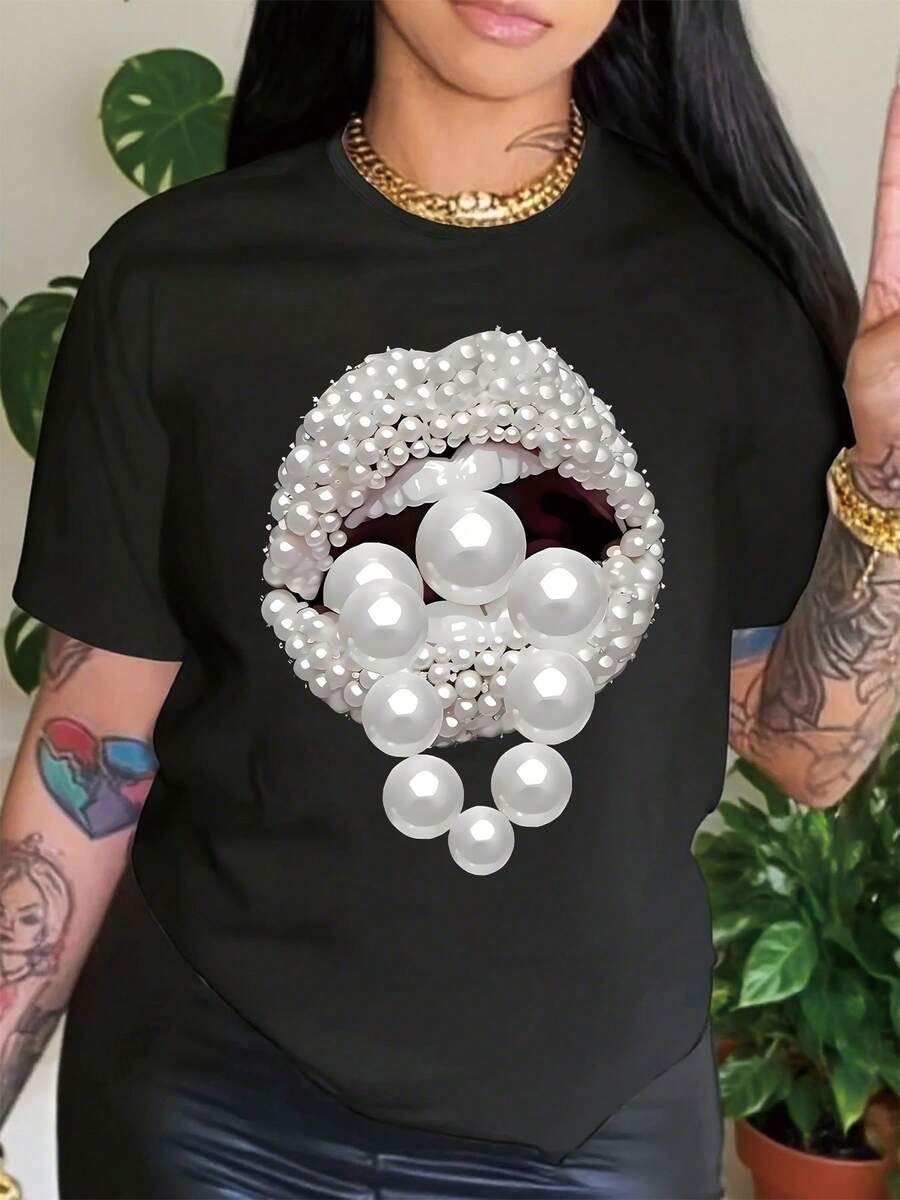 Women's Pearl Embellished 2D Printed Casual T-Shirt - Suitable For Casual Wear And Holiday Gifts, Breathable Fabric, Soft And Comfortable, Machine Washable, Versatile Women's T-Shirt For All Seasons, Pearl Embellished Design, Daily Casual And Versatile, Showing Natural And Elegant Temperament. - 黑色 - 查看 1