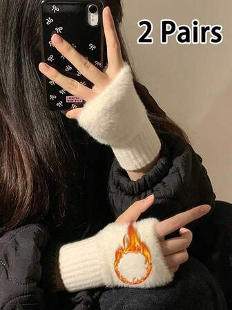 1/2 par de guantes de punto con dedos medios para mujer, forrados térmicos, calientes y de moda para mantener los brazos abrigados en otoño/invierno