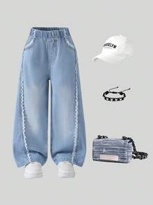 1件装 少女休闲简约日常白色花瓣边饰浅蓝色水洗牛仔裤，秋冬新款