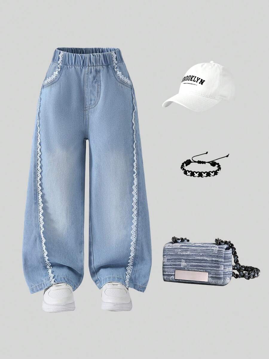 1件装 少女休闲简约日常白色花瓣边饰浅蓝色水洗牛仔裤，秋冬新款