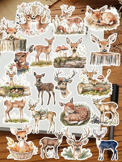 20pcs Watercolor Cute Retro Forest Elk, Sika Deer/Cute Cartoon Animal, Excavator, Truck Repairman Stickers - Reusable Stickers With Floral And Literary Designs, Suitable For DIY Journals, Planners, Laptop Decorations, Book Stickers, Planner Accessories, High-Quality Prints Scrapbook Supplies Funny Stickers Laptop Stickers Kindle Phone Stickers