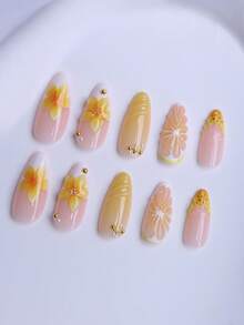 24片装长方形亚克力美甲贴片套装，包含3D柠檬泡泡水、渐变黄白花卉、个性化珠子、橙色波点、白色珍珠、法式美甲、夏日海滩必备、金色海星、果冻凝胶1片、指甲锉1个，以及美甲工具。 - 彩色 - 查看 2