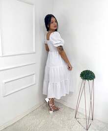 Vestido midi de crepinho liso enlegante Manga Curto - Branco - Visão 2