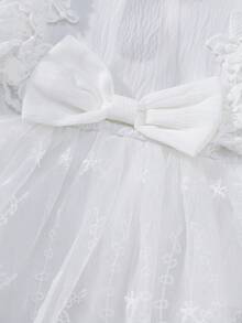 Baby Girl 2-Piece Flower Embroidered Mesh Bow Long Sleeve Skirt Dress&3D Flower Headscarf Laundry Dress Princess Style Elegant Clothing