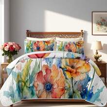 2/3pcs Colorful Flowers Ultrasonic Embossed Quilt Set(1 Quilt + 1/2 Pillowcases), 100% Microfiber Lightweight Breathable Easy Care Summer Bedding Set, Durable, Full/Queen Size Bedspread Set, Bedspread For All Seasons, Beautiful Room Decor - 七彩水墨花朵 - 查看 3