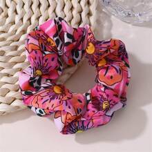 Set de 5 scrunchies de poliéster con estampado de leopardo, lazos elásticos para el cabello, sujetadores de coleta, de temporada, sin daños, para verano, vacaciones, viajes - Mezcla de colores - Ver 5