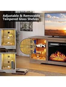 58" Modern Fireplace TV Stand With 18" Fireplace For Living Room, Entertainment Center For TVs Up To 65" With Leg Lights And Adjustable Glass Shelves - Grey - View 7