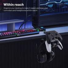 Un nuevo y versátil soporte dos en uno para auriculares y mando de juegos, con capacidad para dos mandos y un auricular. También sirve para colgar auriculares y otros artículos. Es perfecto para usar en casa, en la oficina, en un estudio, en una residencia universitaria o junto al televisor. - Negro - Ver 7
