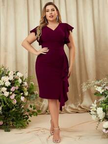 Plus V Neck Flounce Sleeve Contrast Ruffle Hem Evening Party Bodycon Dress - 紫紅色 - 查看 9
