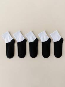 5 Pairs Classic Sports Style Student Socks, Suitable For Boys And Girls Aged 1-16, Suitable For Spring, Summer, Autumn And Winter, Round Neck Design, Easy To Wash, Black And White Color - Multicolor - View 5