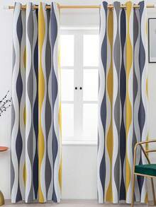 1件装时尚简约黄灰色半透明隔热印花窗帘，适用于节日派对、客厅和卧室 - 彩色 - 查看 1