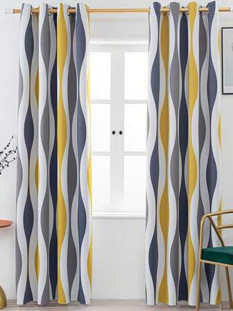 1 Piece Of Fashionable And Simple Yellow And Gray Semi-Sheer Heat Insulation Printed Festival Party Living Room And Bedroom Curtain