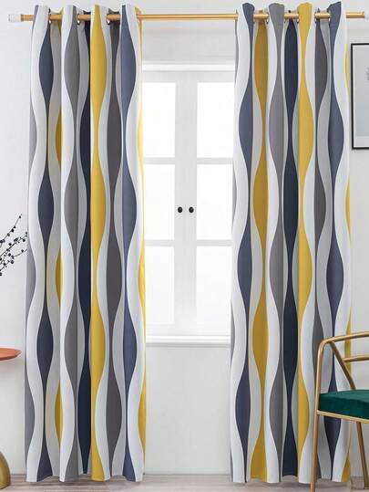 1 Piece Of Fashionable And Simple Yellow And Gray Semi-Sheer Heat Insulation Printed Festival Party Living Room And Bedroom Curtain