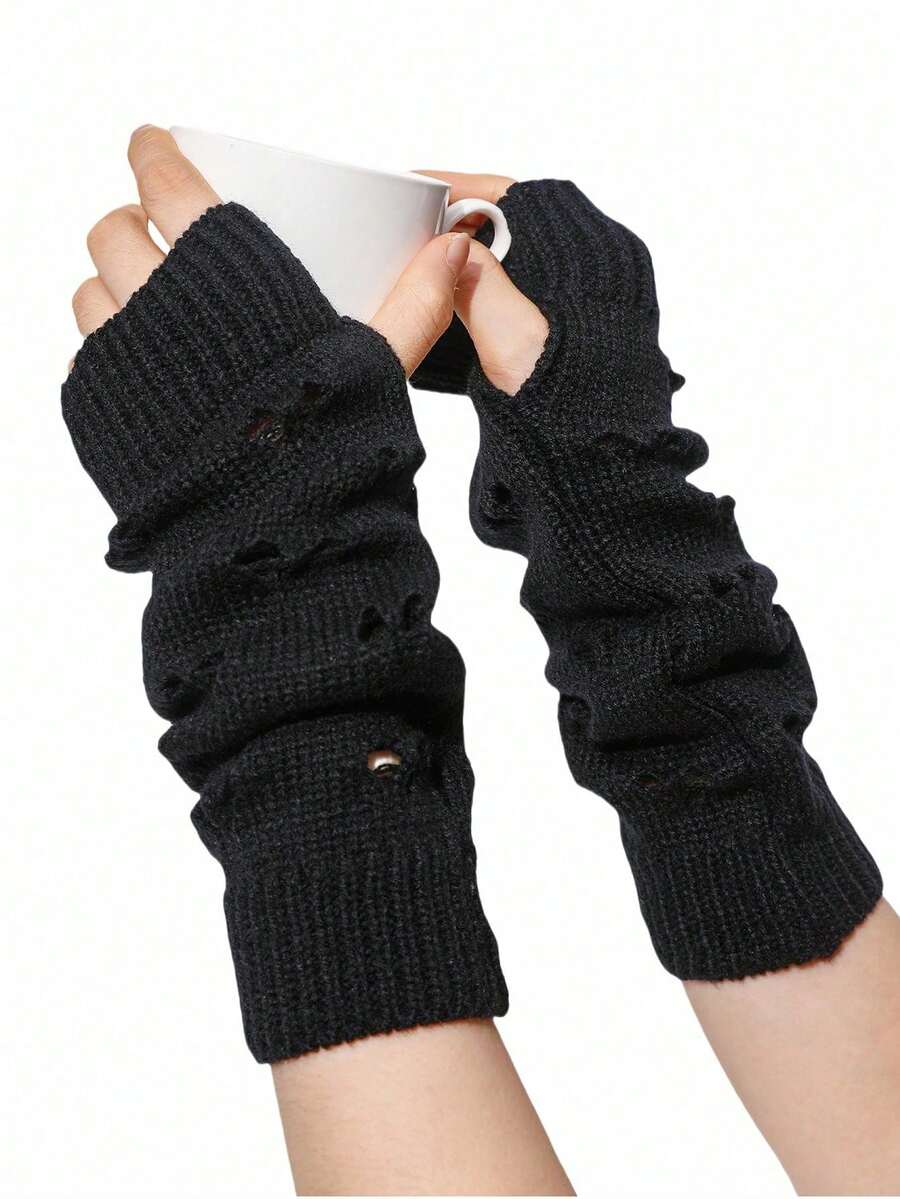1 Pair Women's Hollow Out Knitted Fingerless Gloves, Warm Fashion Arm Warmers, Suitable For Spring, Autumn, Winter, Versatile For JK Students, Dance, Daily Outfit Decoration - Black - View 1