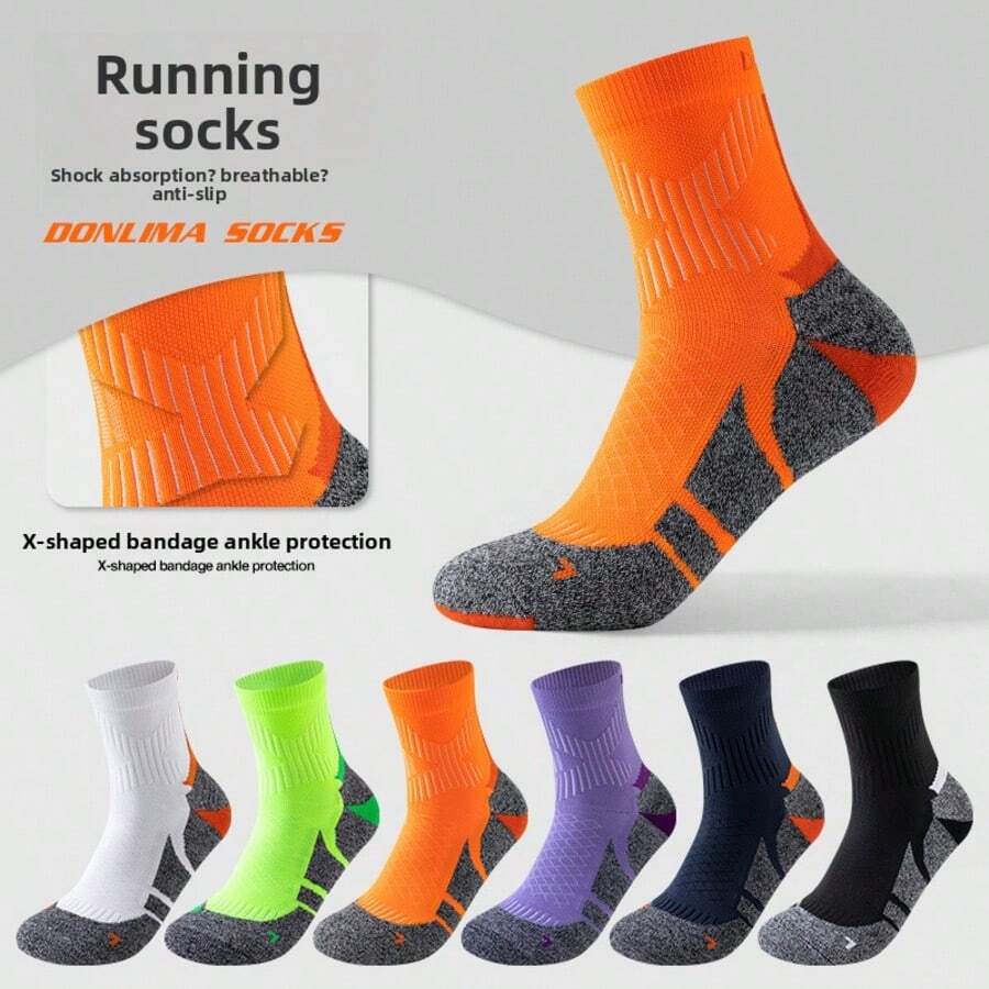 Kaus Kaki Lari untuk Pria & Wanita, Kaus Kaki Olahraga Maraton dengan Lapisan Terry Tebal, Kaus Kaki Bulu Tangkis dan Tenis Setinggi Betis yang Bernapas - Crew Socks - View 1