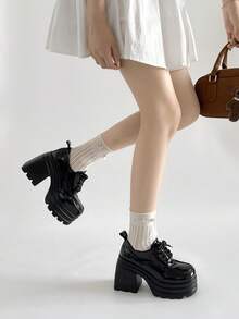 Giày Oxford Mary Jane đế dày, cao gót siêu cao 10cm, kiểu Anh, chất liệu da bóng, kiểu dáng casual, buộc dây, thích hợp cho nữ. - màu đen - Xem 8