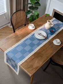 1pc Farmhouse Nordic Minimalist Holiday Party Geometric Pattern Tassel Table Runner, Home Decor, Photoshoot Backdrop, Multi-Color, Elegant European Style