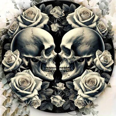 1件哥特式骷髅情侣金属标牌 - 铁质，2D平面印刷装饰牌匾，饰有心形骷髅图案和白色玫瑰，适合情人节、男士专属空间、车库、家庭酒吧、俱乐部、露台、花园、办公室或节日装饰，室内墙面艺术 | 哥特美学 | 精致艺术品，哥特式家居装饰，2D，非常适合房间装饰