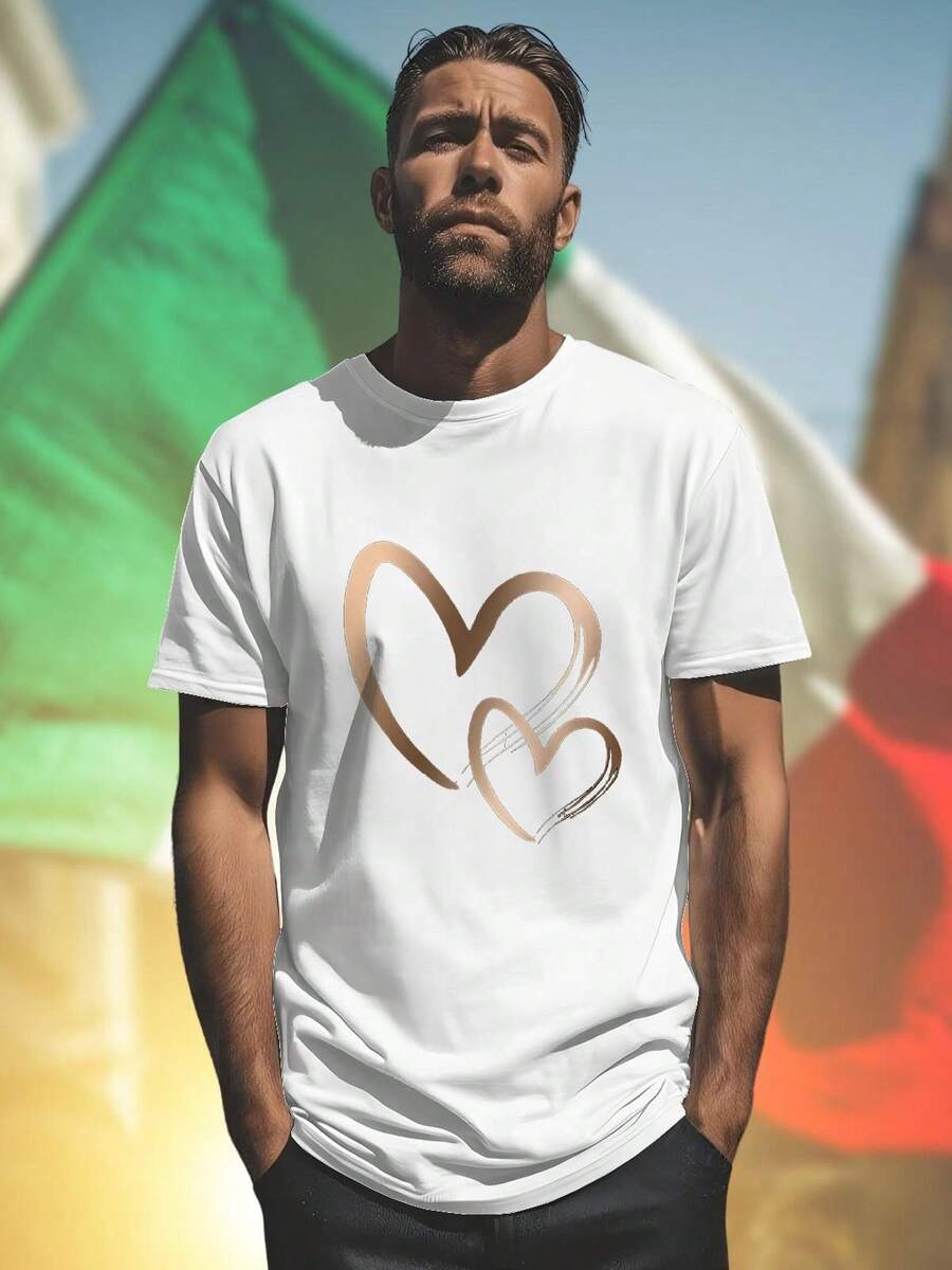 Double Heart Moda Uomo T Shirt Elegante Casual Maglietta  Maniche Corte Comoda Estiva Idea Regalo Fashion Stile Giovane Offerta Imperdibile