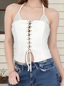 Chaleco de verano para mujer, sin mangas, con cuello halter, espalda abierta, cruzado y vendaje - Blanco - Ver 4