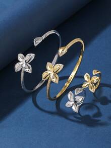 2pcs Copper Bangle And Ring Jewelry Set, Flower Zirconia Design, Fashionable And Charming, Suitable For Gift And Daily Wear Valentines,Mom,Mother,Mother's Day,Gift - 020604 - View 16