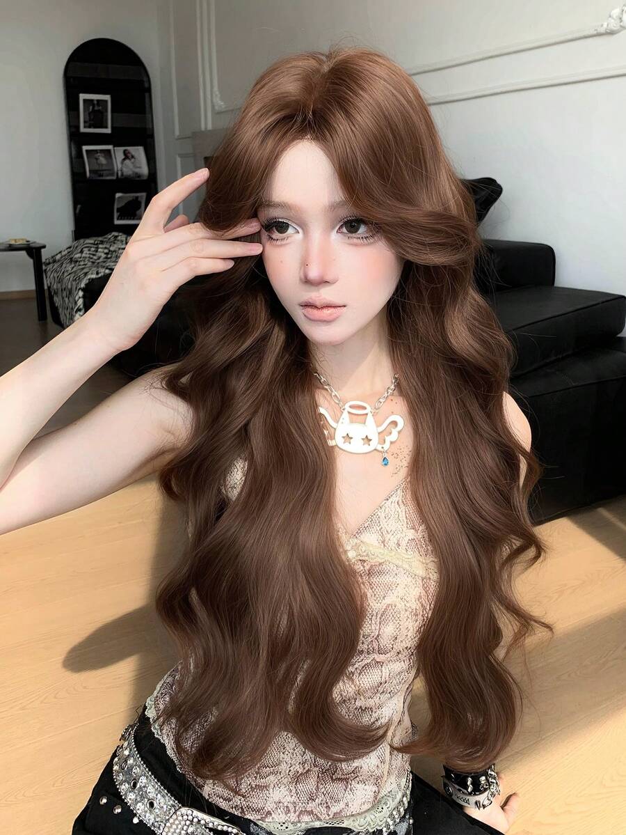 alicegarden Forehead Lace Curly Wig, Mid Cut Style Mocha Brown Long Curly Wig, 32 Feet Long, Natural And Realistic Wig For Daily Use
