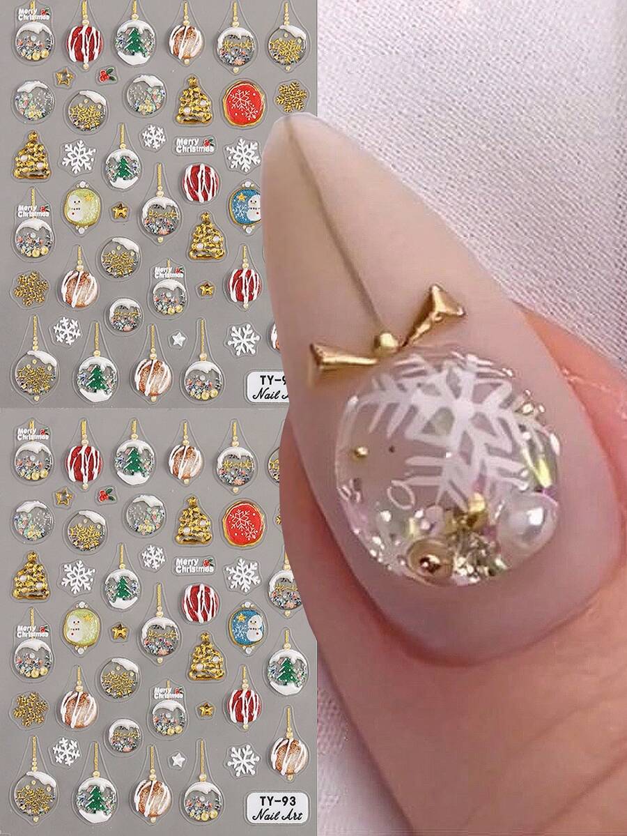 55D Relief Bronzing Gold Small Bells Nail Stickers Snow Trees Elk Nail Slider New Year Decor Wraps - Multicolor - View 1