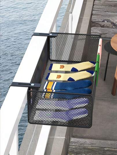 1pc Iron Balcony Drying & Storage Rack, Mesh Bag Breathable & Anti-Moisture, Shoe & Sock Drying Rack, Clothing Storage Basket, Hanging Window Sill Shelf, Adjustable Metal Organizer Rack, Balcony Window Flower Stand, Hang Without Drilling, Suitable For Drying Underwear, Socks, Shoes, Household Essential, Home Decor Accessory