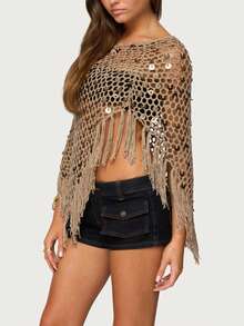 Women Sequin Embellishment Sheer Poncho Top Fringe Hem Off Shoulder See-Through Lightweight Knit Crochet Shrug Bolero Mesh Batwing Sleeve Sweater Fishnet Shawl Beach Cover Up Pullover Beachwear - màu nâu - Xem 2