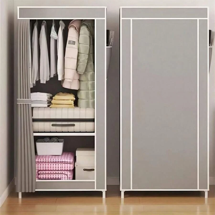 Simple Style Bedroom Organizer Dustproof Fabric Zipper Wardrobe - Xám - Xem 1