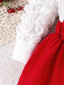 Baby Girl Cherry Embroidered Bow Decor 2 In 1 Bubble Long Sleeve Bodysuit Dress With Bow Headband And 1 Pair Bow Decor Socks Cute Set