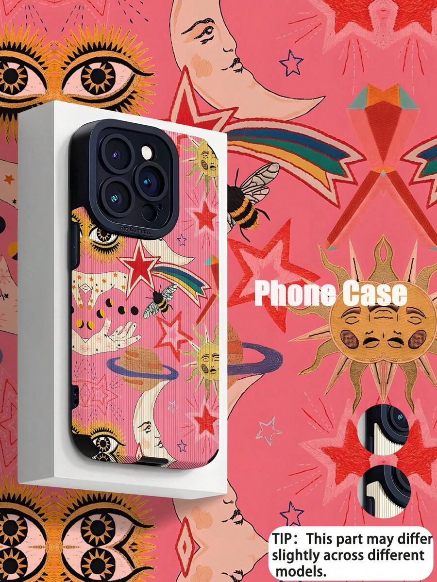 1pc Personalized Moon & Sun Pattern Vertical Striped High-End Faux Leather Anti-Fall Anti-Fingerprint Shockproof Phone Case Compatible With Apple And Models - Multicolor - View 1