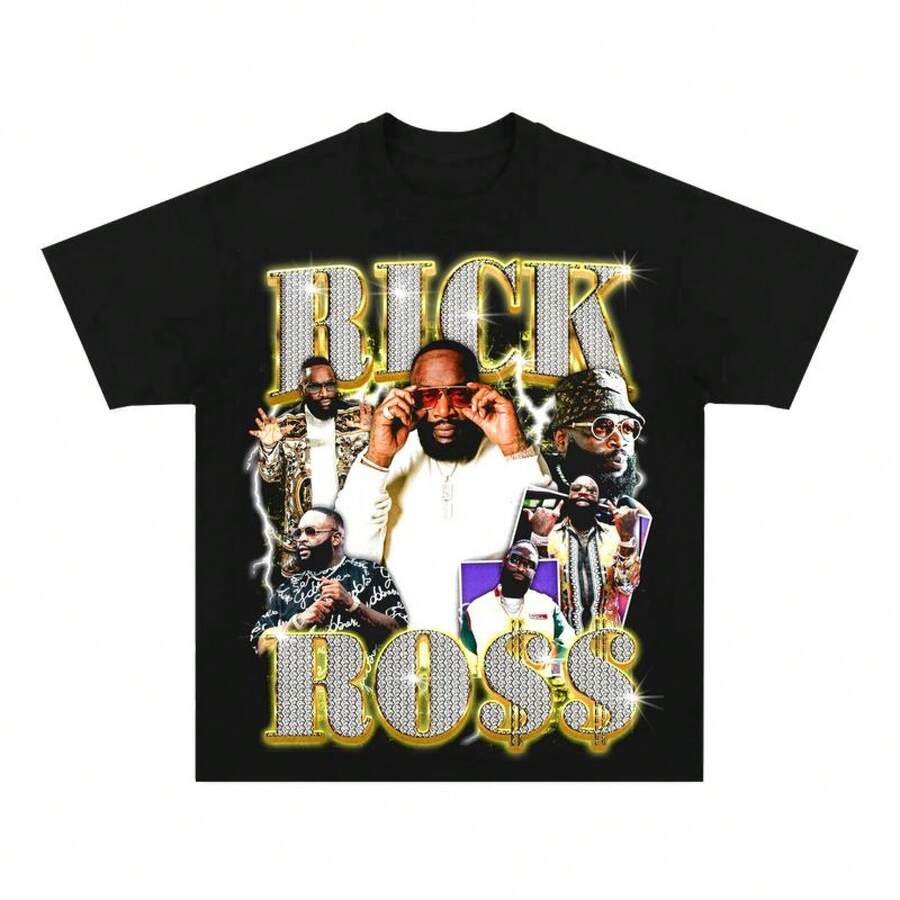 Rick Ross Graphic Tee Shirt, Gift For Fans,Graphic T Shirt For Fans,Pure Cotton Top, Rapper Tee,Music Gift For Fan, T Shirt For Men And Women,Streetwear,Y2K Tees - màu đen - Xem 1