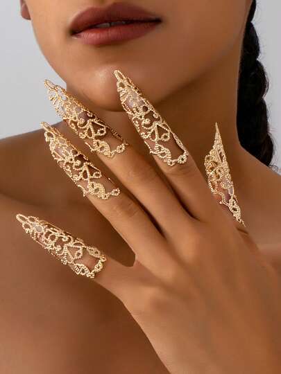 5pcs/Set Boho Style Exaggerated Nail Jewelry Rings Set For Women, Suitable For Party And Performance