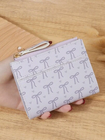 SOUTHLAND&KANGAROO Bolso con estampado de lazo, billetera pequeña plegable con bolsillo, billetera pequeña bifold delgada, cartera ligera y portátil para tarjetas de crédito y llaves, cartera corta, linda y moderna, regalo ideal para cumpleaños, Navidad, aniversario para mujeres, niñas, damas, femenino, útiles escolares para la escuela, dormitorio y vuelta al cole