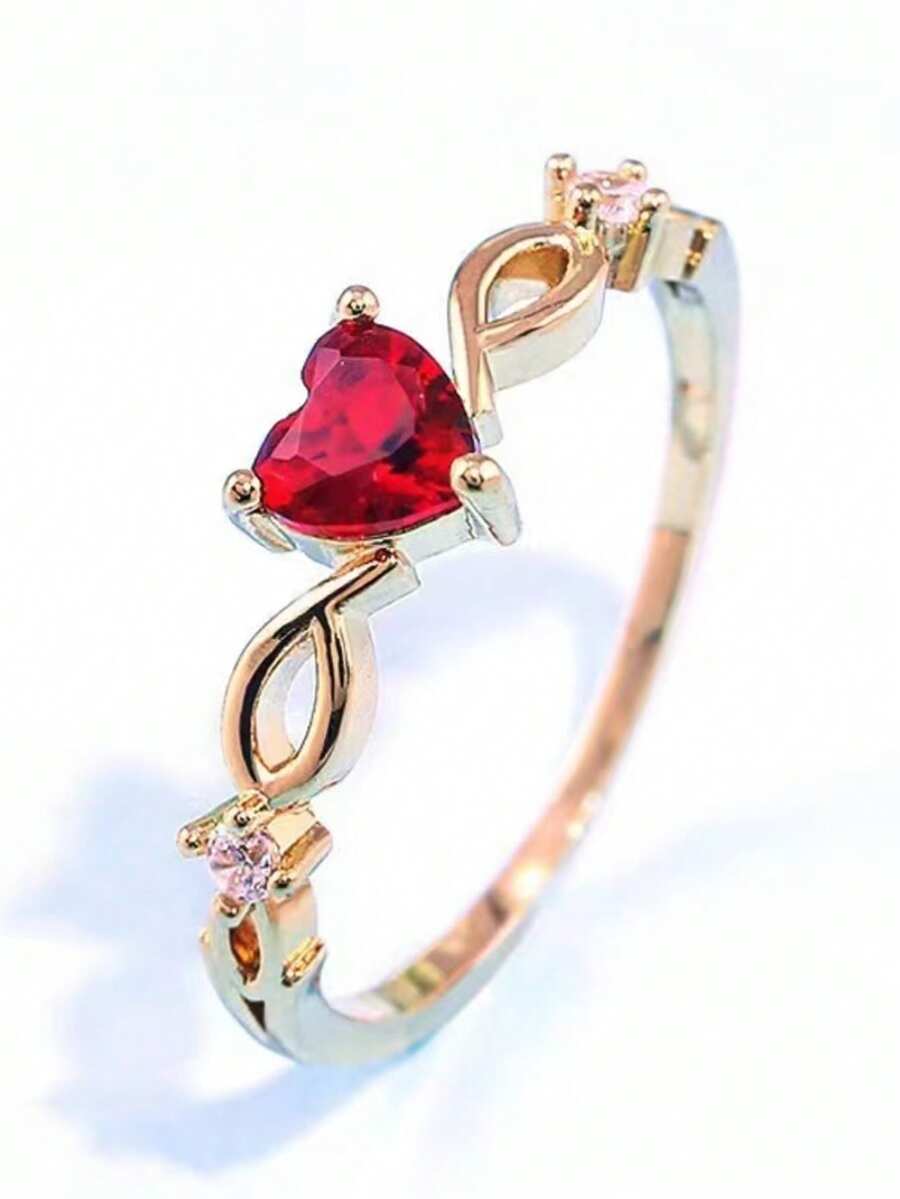 Heart-Shaped Red Zirconia Decor Ring, Casual & Versatile Accessory